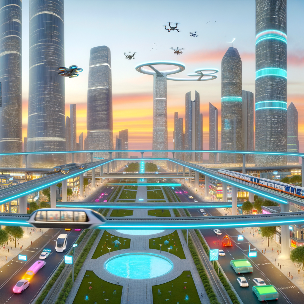 Futuristic cityscape with diverse mobility solutions.