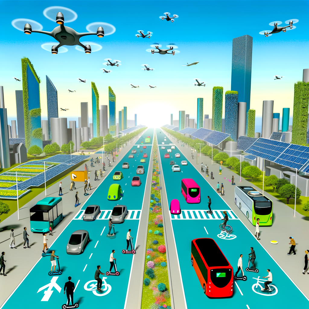 Futuristic cityscape with diverse sustainable transport.