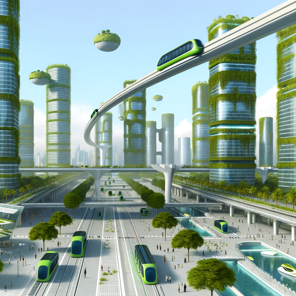 Futuristic cityscape with diverse sustainable transport.