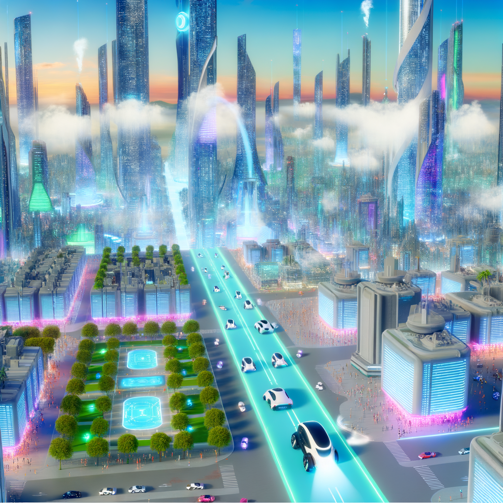 Futuristic cityscape with EVs and autonomous vehicles.