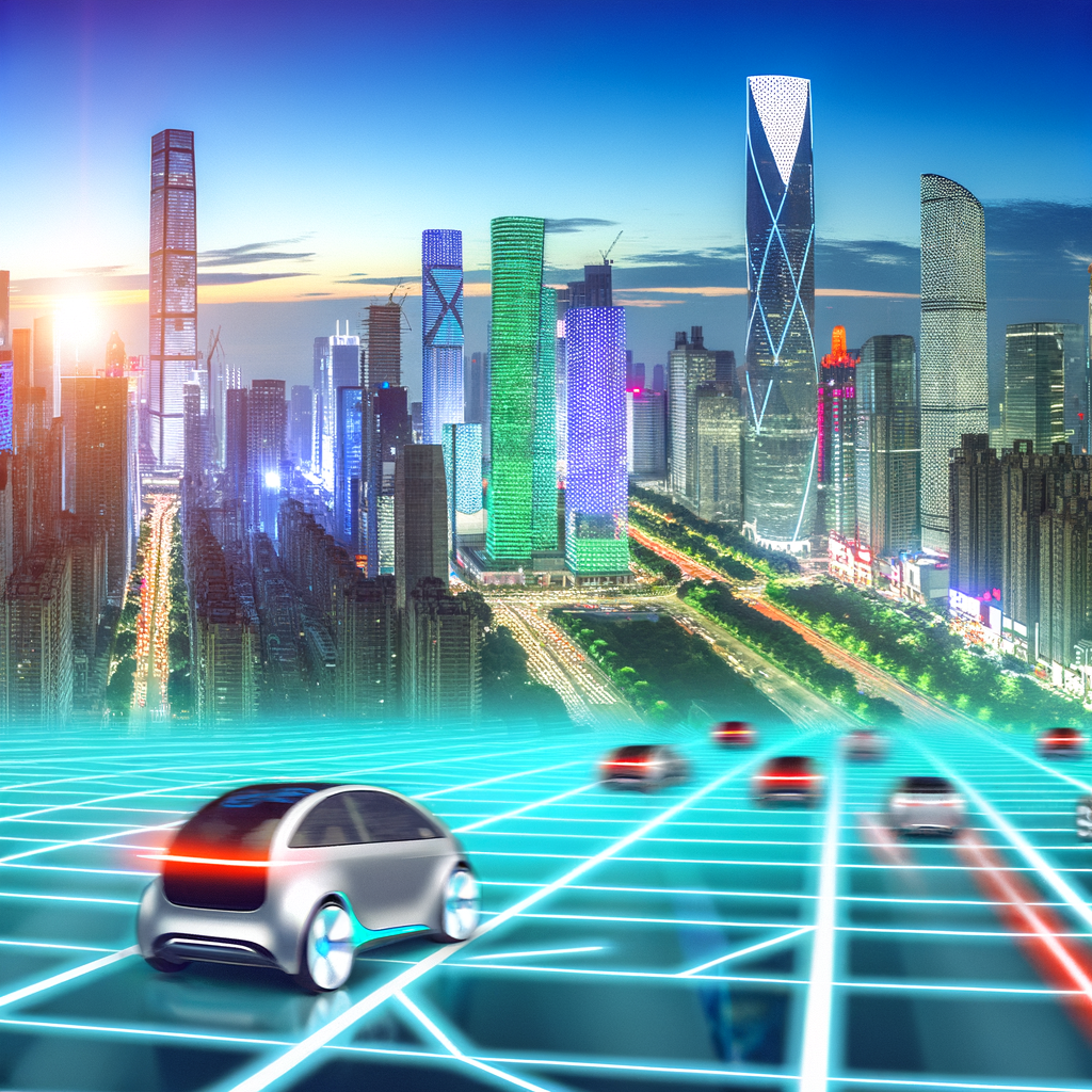 Futuristic cityscape with EVs and autonomous vehicles.