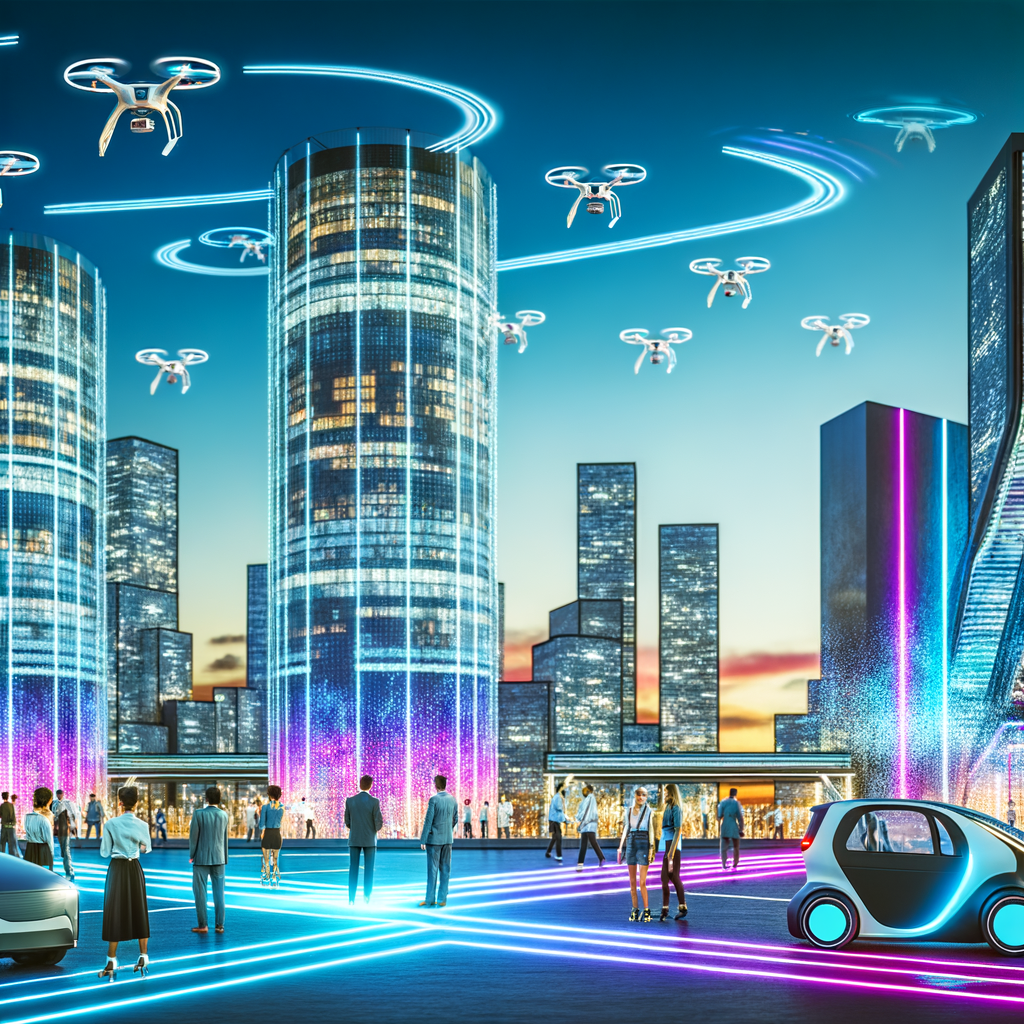 Futuristic cityscape with EVs and autonomous cars.