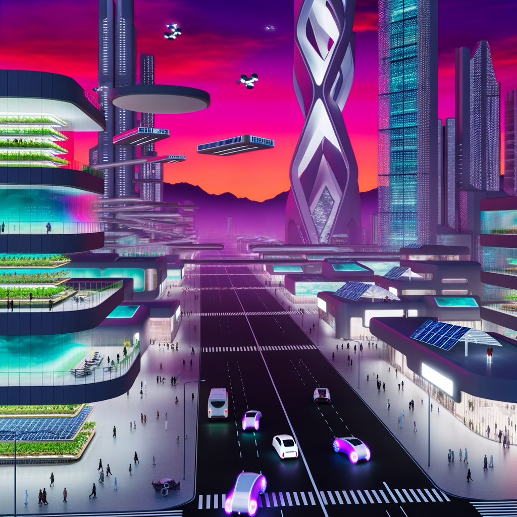 Futuristic cityscape with EVs and autonomous cars.