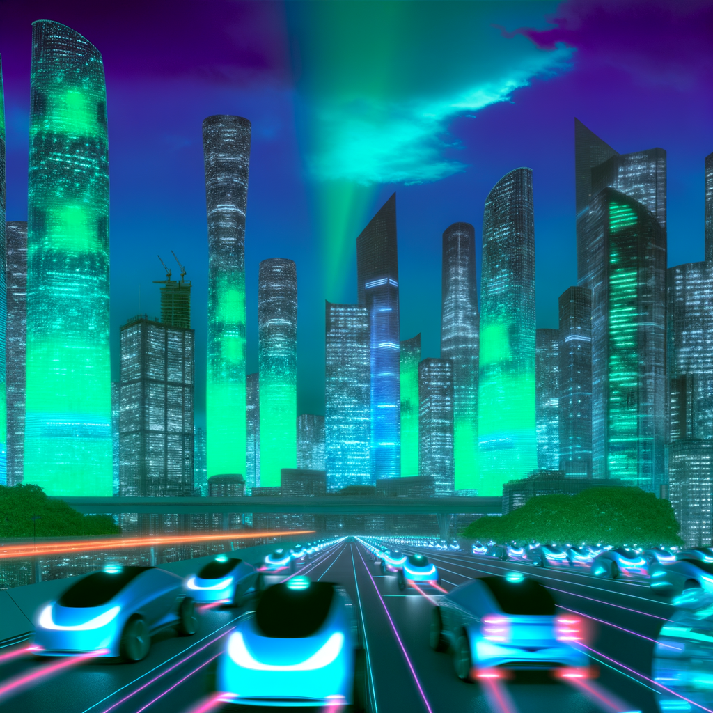 Futuristic cityscape with EVs and AVs.