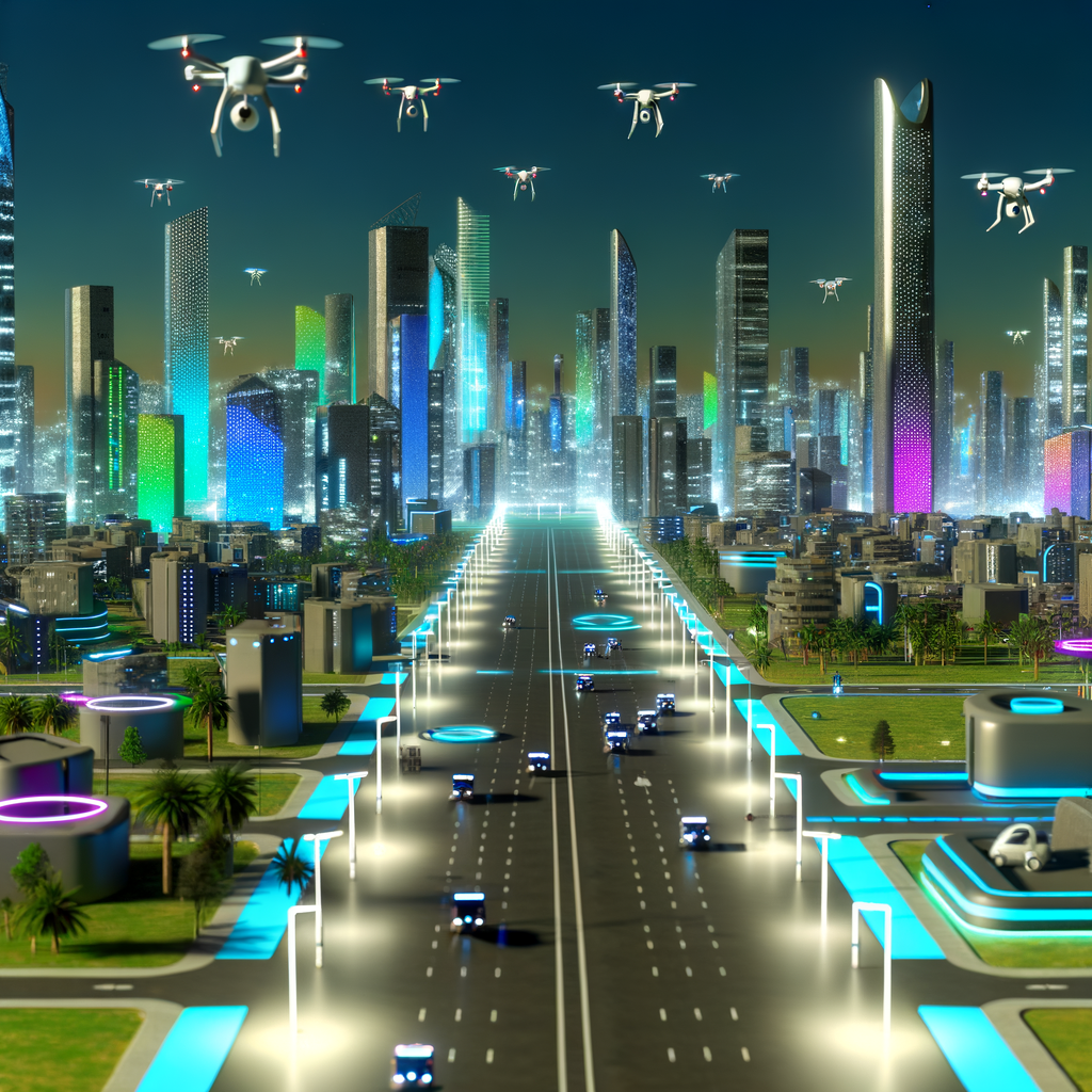 Futuristic cityscape with EVs and drones.