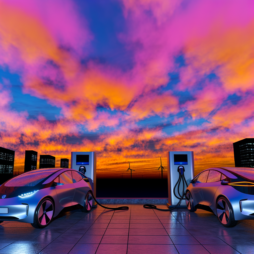 Futuristic electric cars charging in sunset.