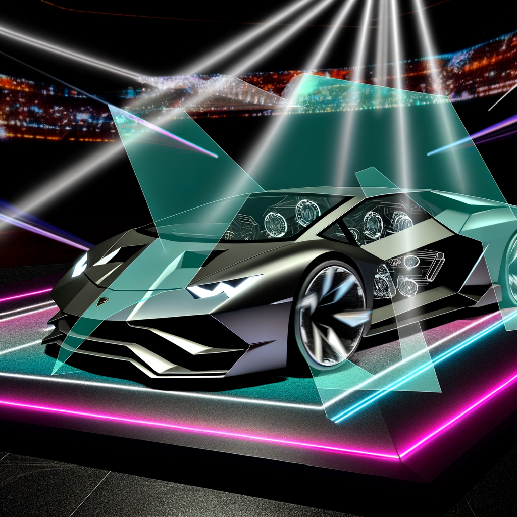 Futuristic Lamborghini supercar on dynamic display.