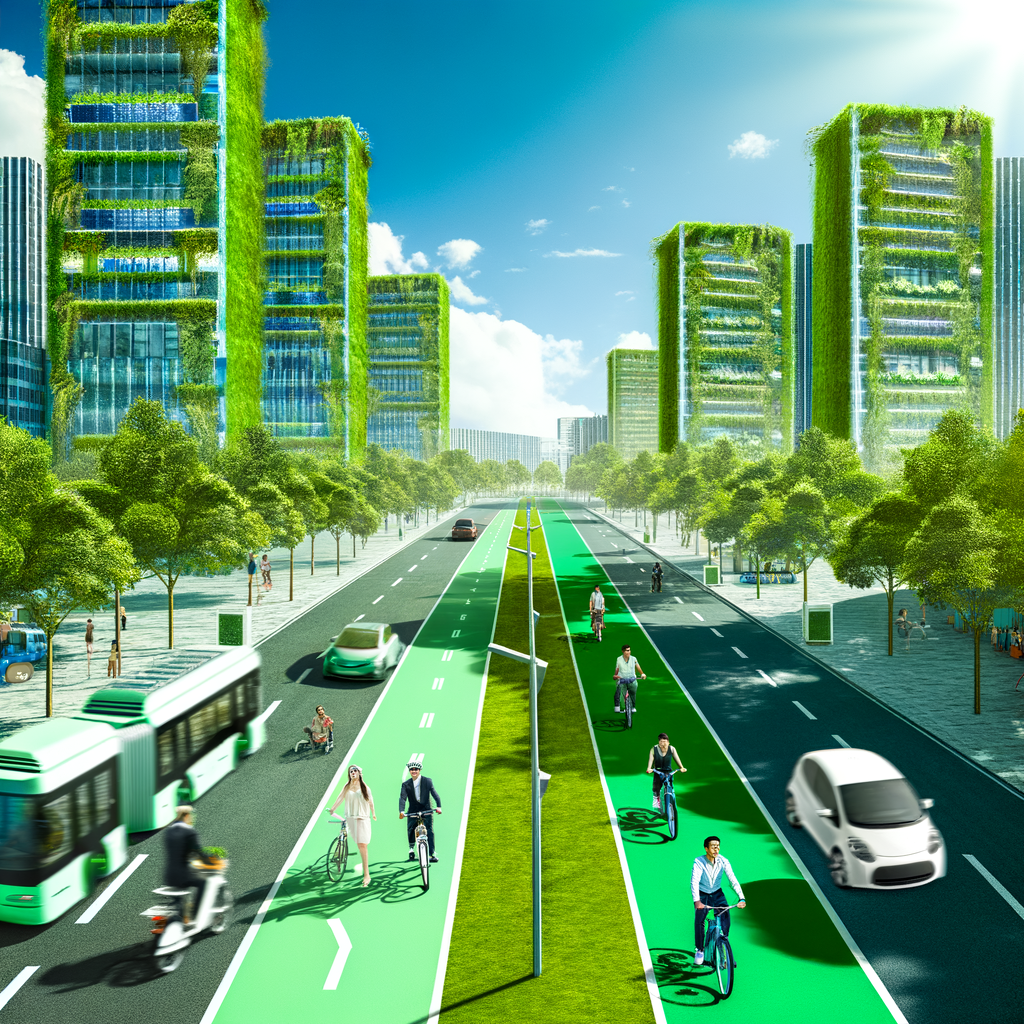 Green cityscape with diverse eco-transport modes.