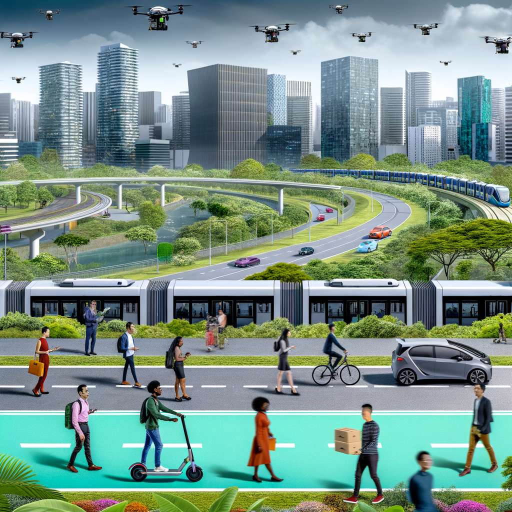 Green cityscape with diverse mobility options.