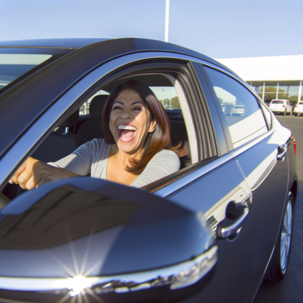 Happy customer driving new car off lot.