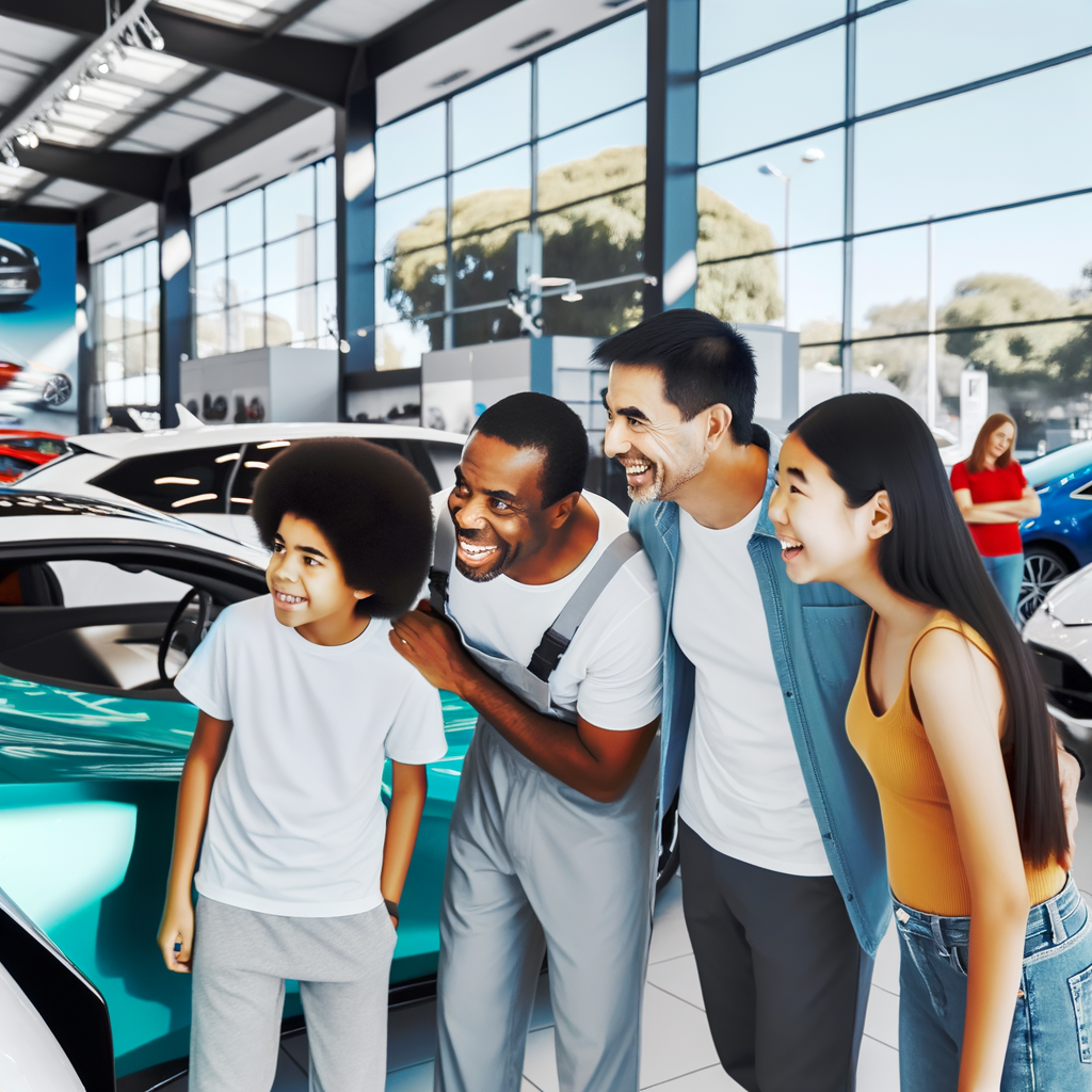 Happy family admiring cars at dealership.