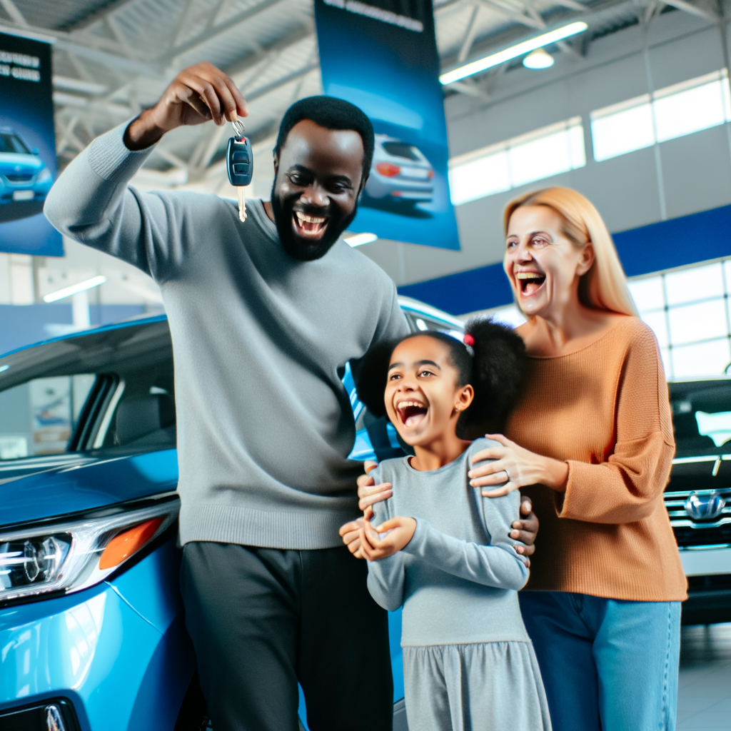 Happy family collects keys to new car.