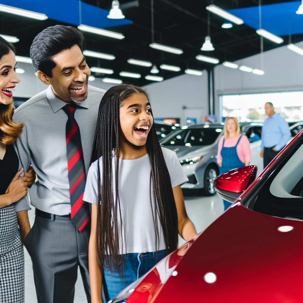 Happy family picking car at dealership.