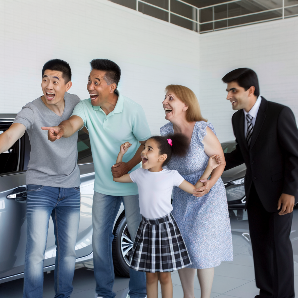 Happy family picking car at dealership.