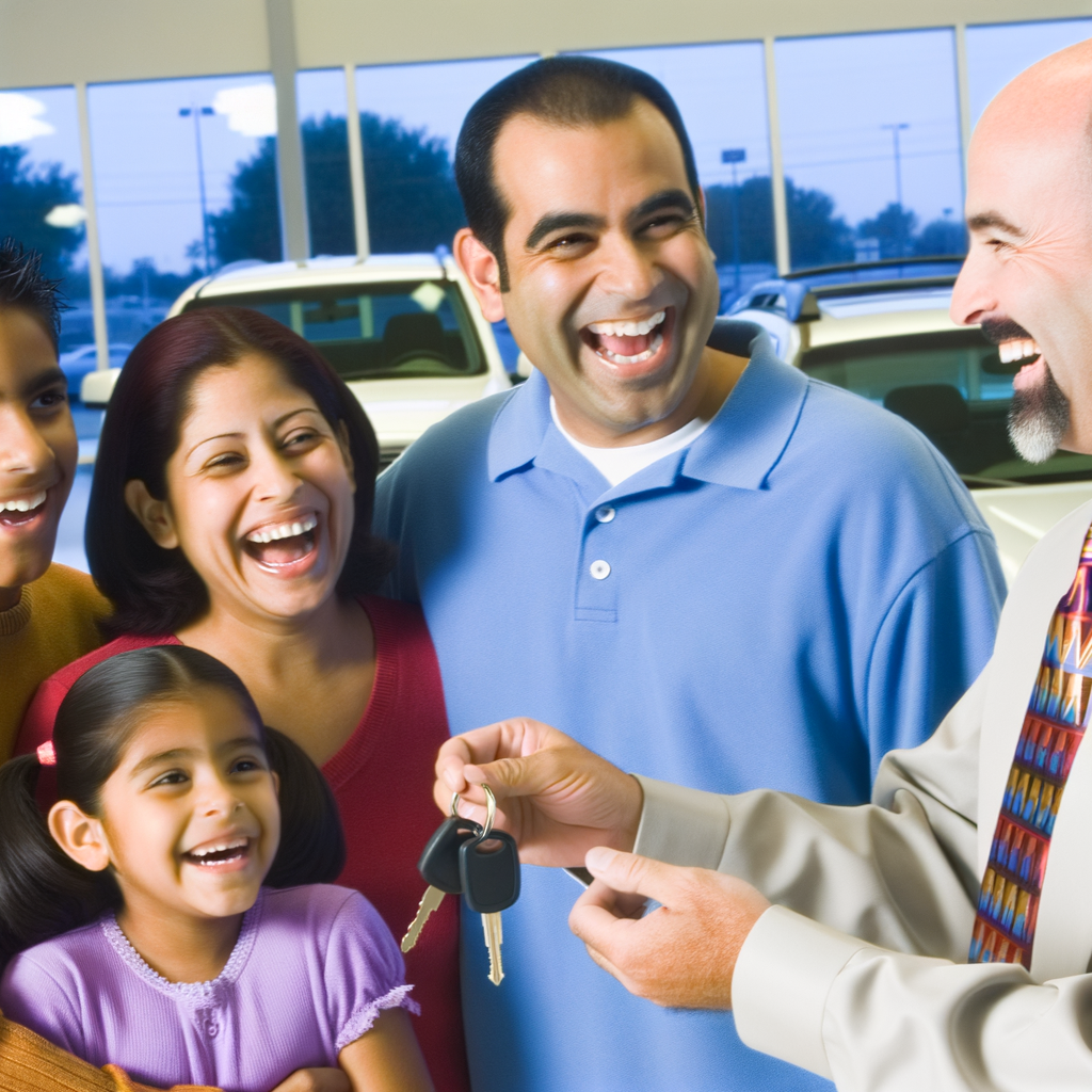 Happy family receiving keys from dealer.