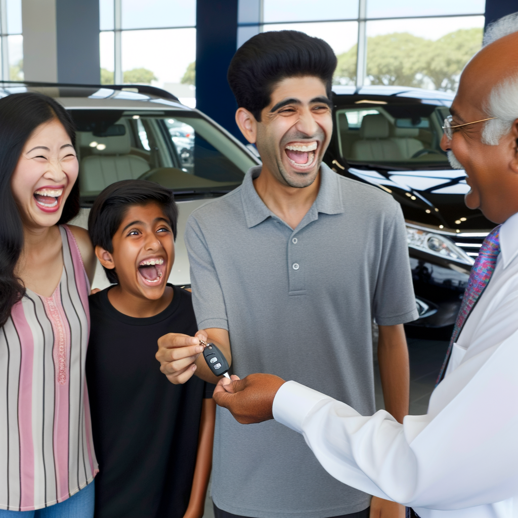 Happy family receiving keys to new car.