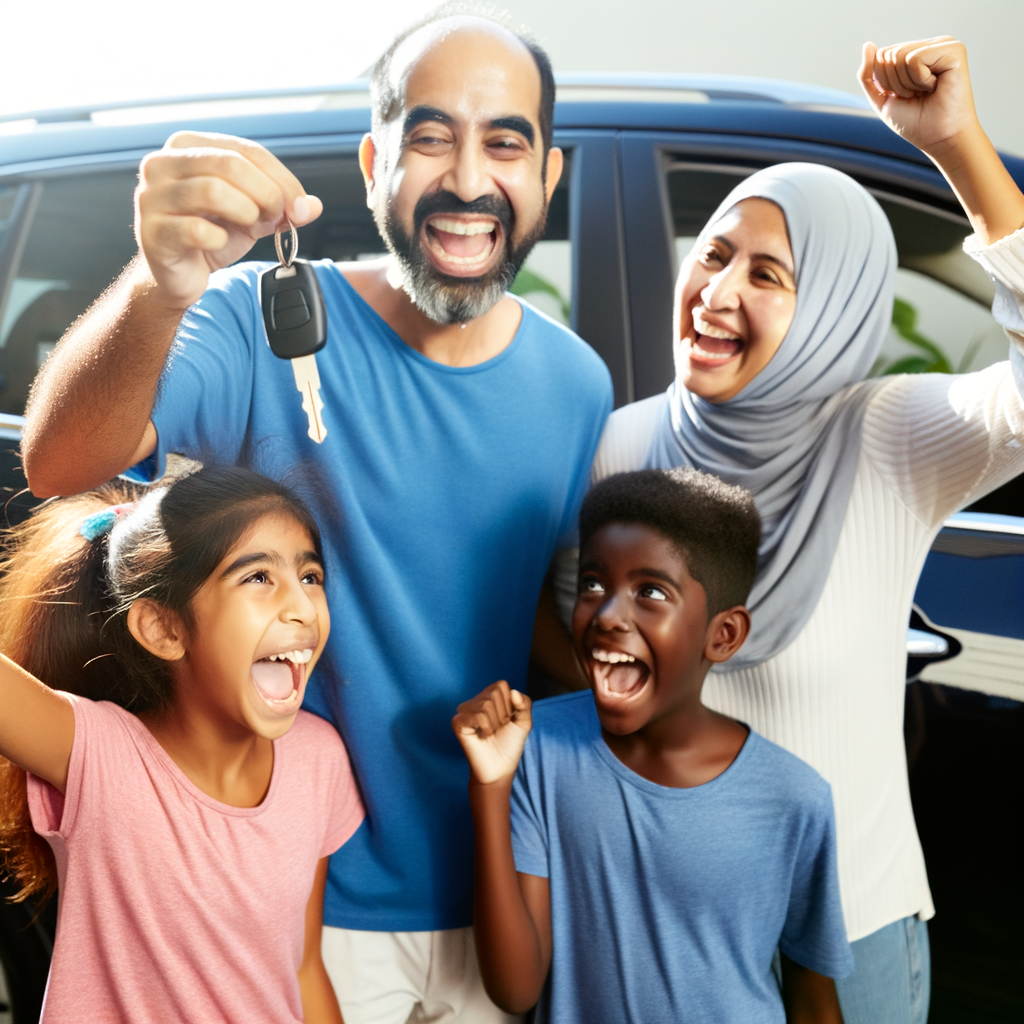 Happy family receiving keys to new car.