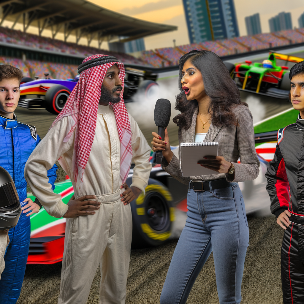 Journalist interviewing drivers amidst racing chaos.