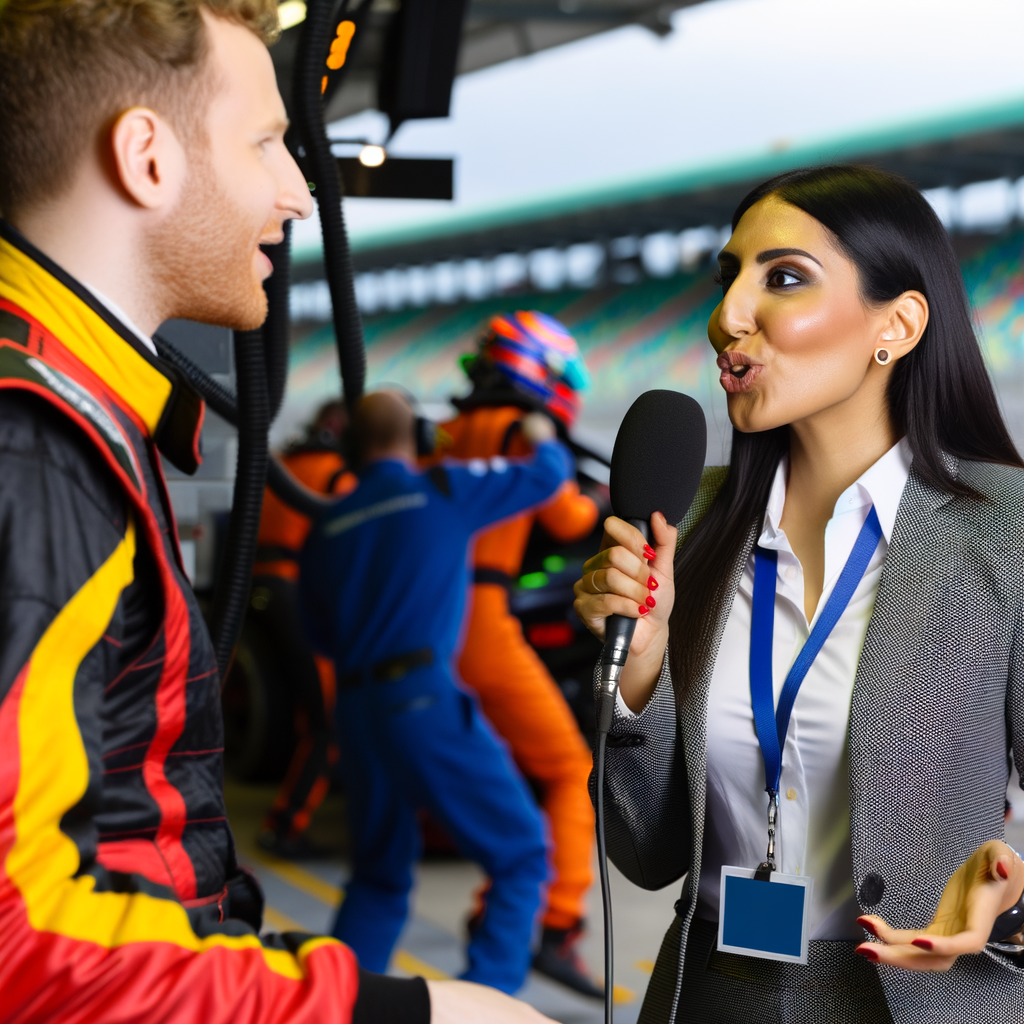 Journalist interviews driver amidst roaring engines.