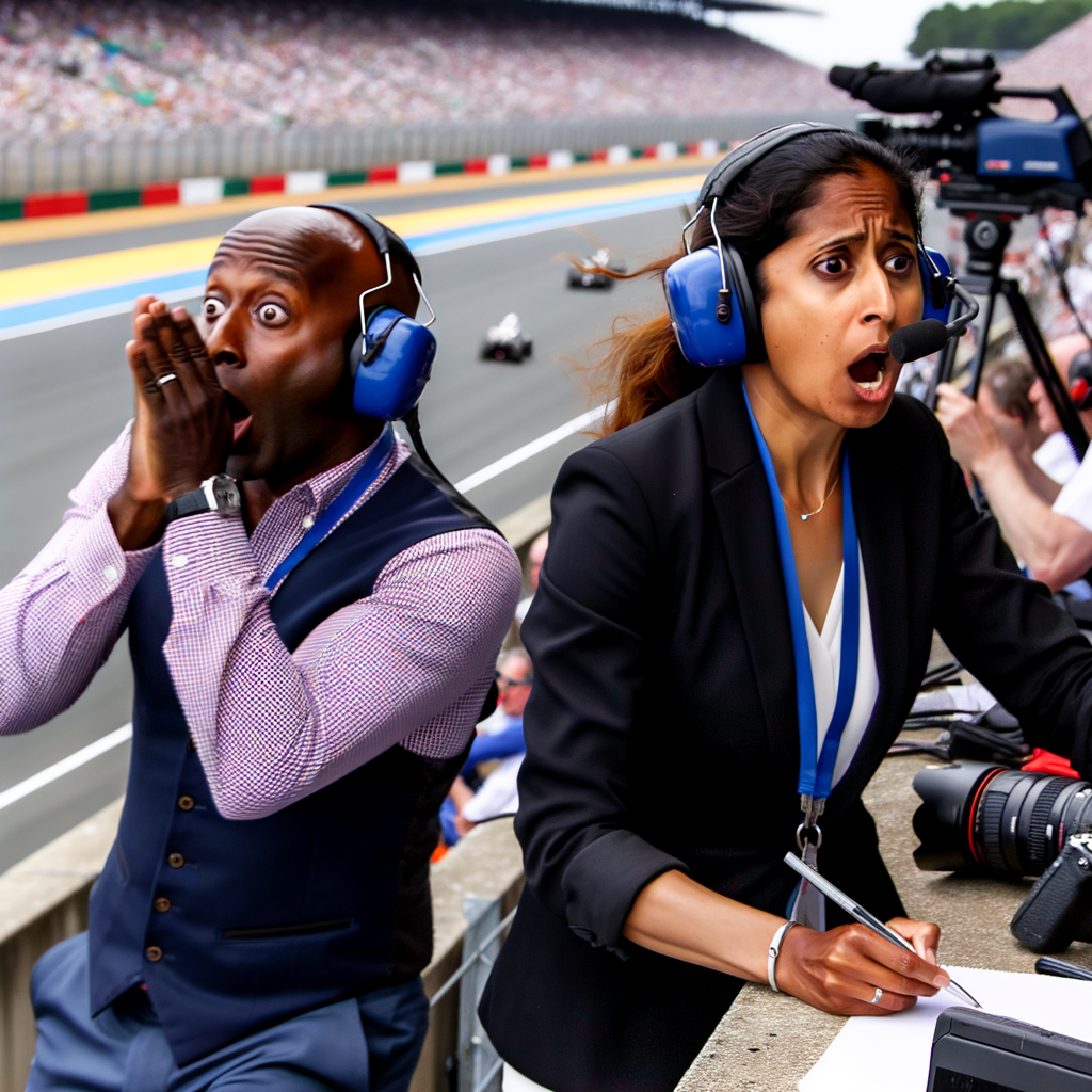 Journalists capturing Le Mans race action live.