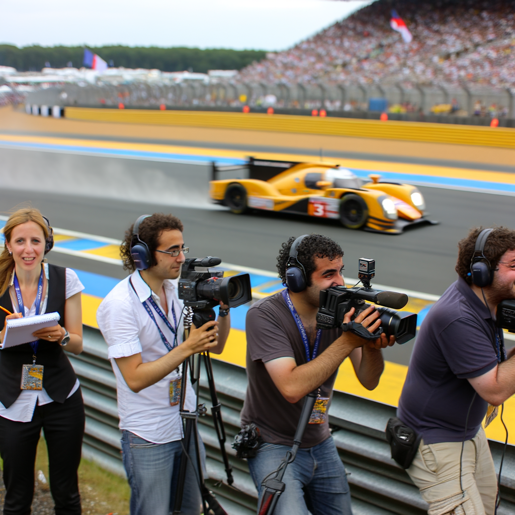 Journalists capturing Le Mans race thrill.
