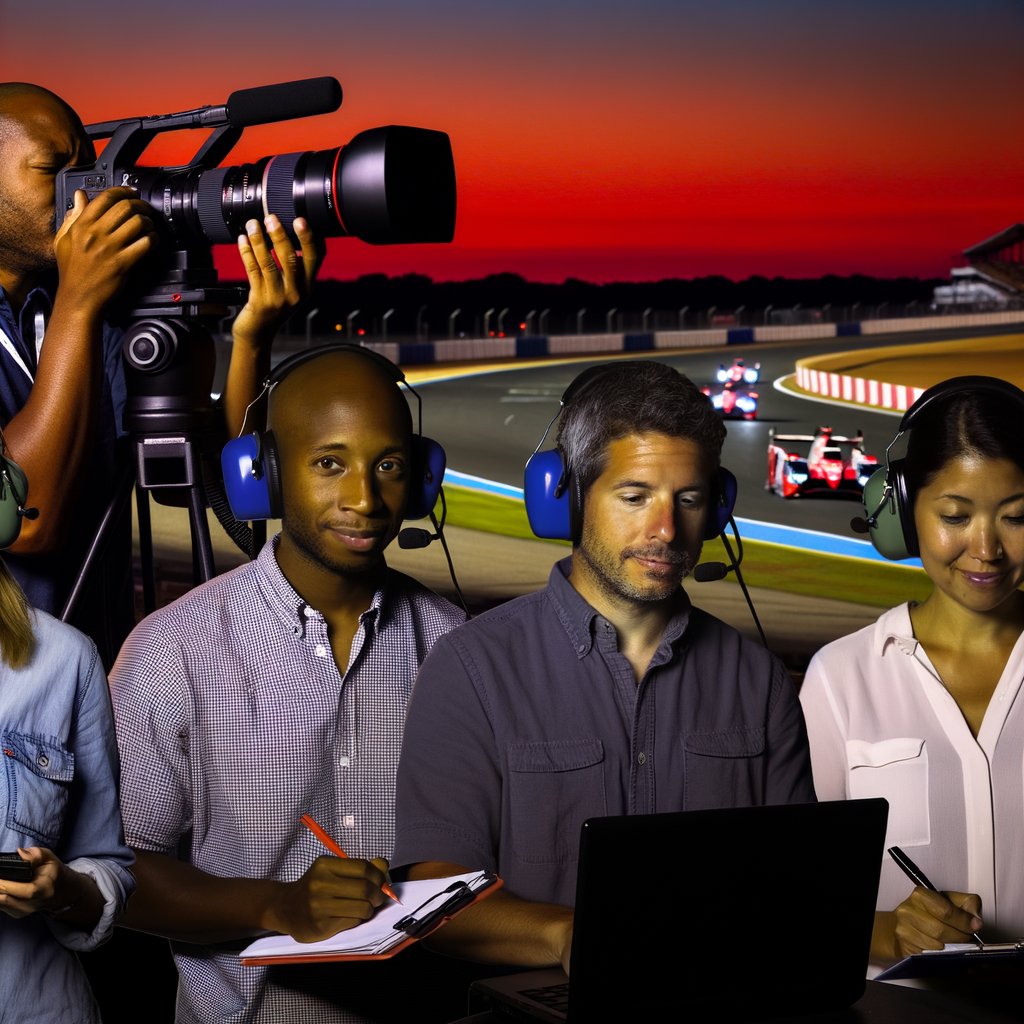 Journalists covering Le Mans at sunset.