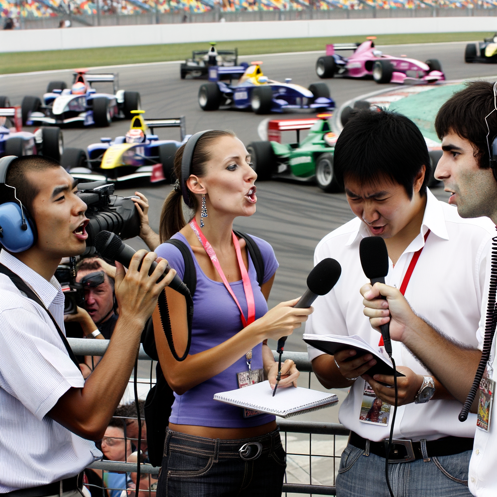 Journalists interviewing drivers amidst racing chaos.