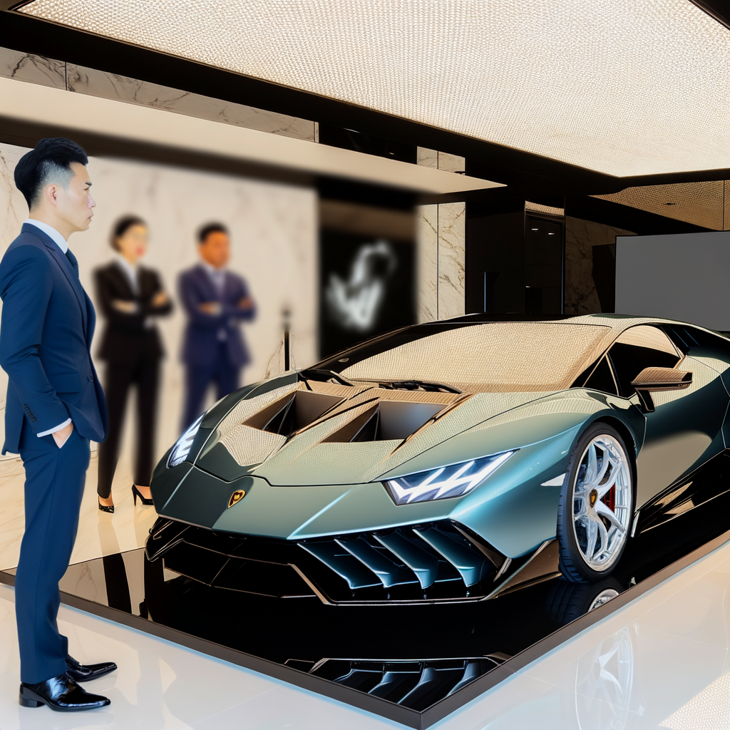 Lamborghini hybrid supercar in sleek showroom.