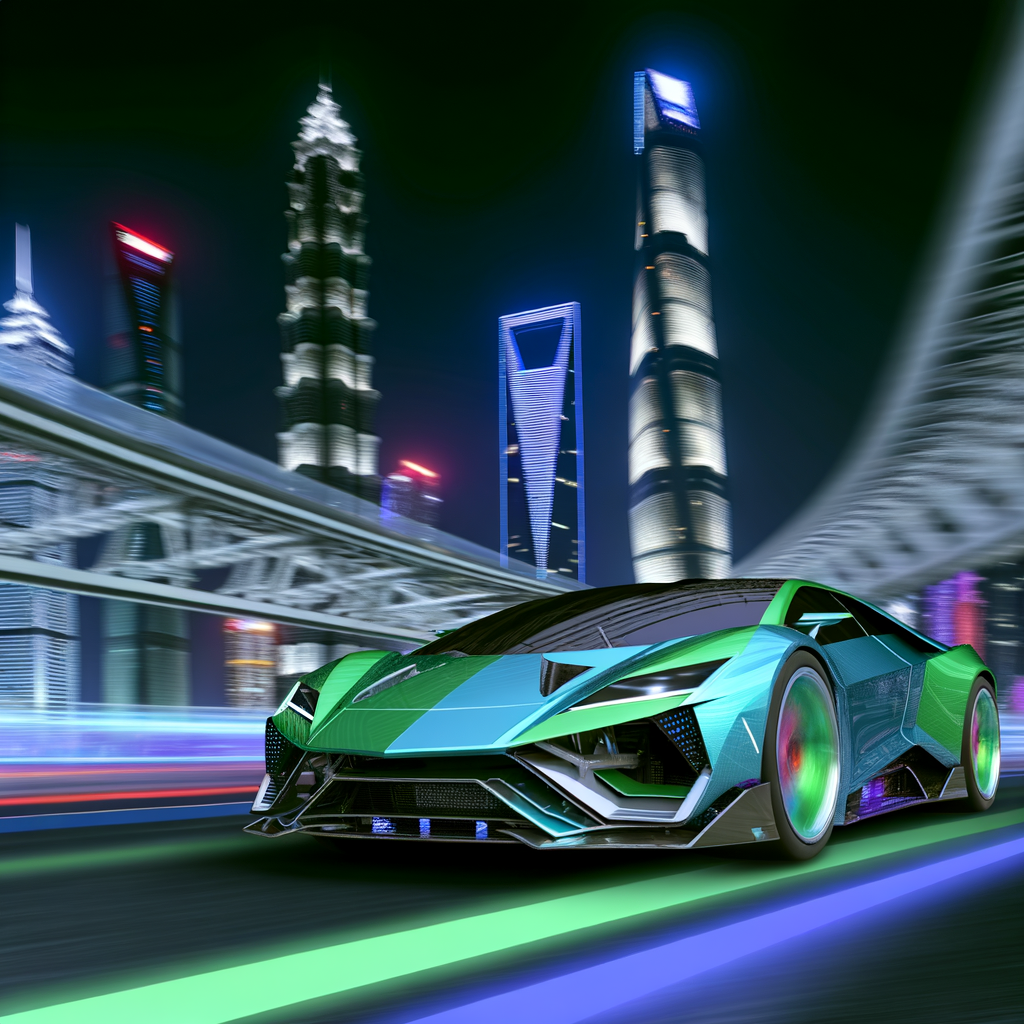 Lamborghini hybrid supercar speeding through futuristic city.