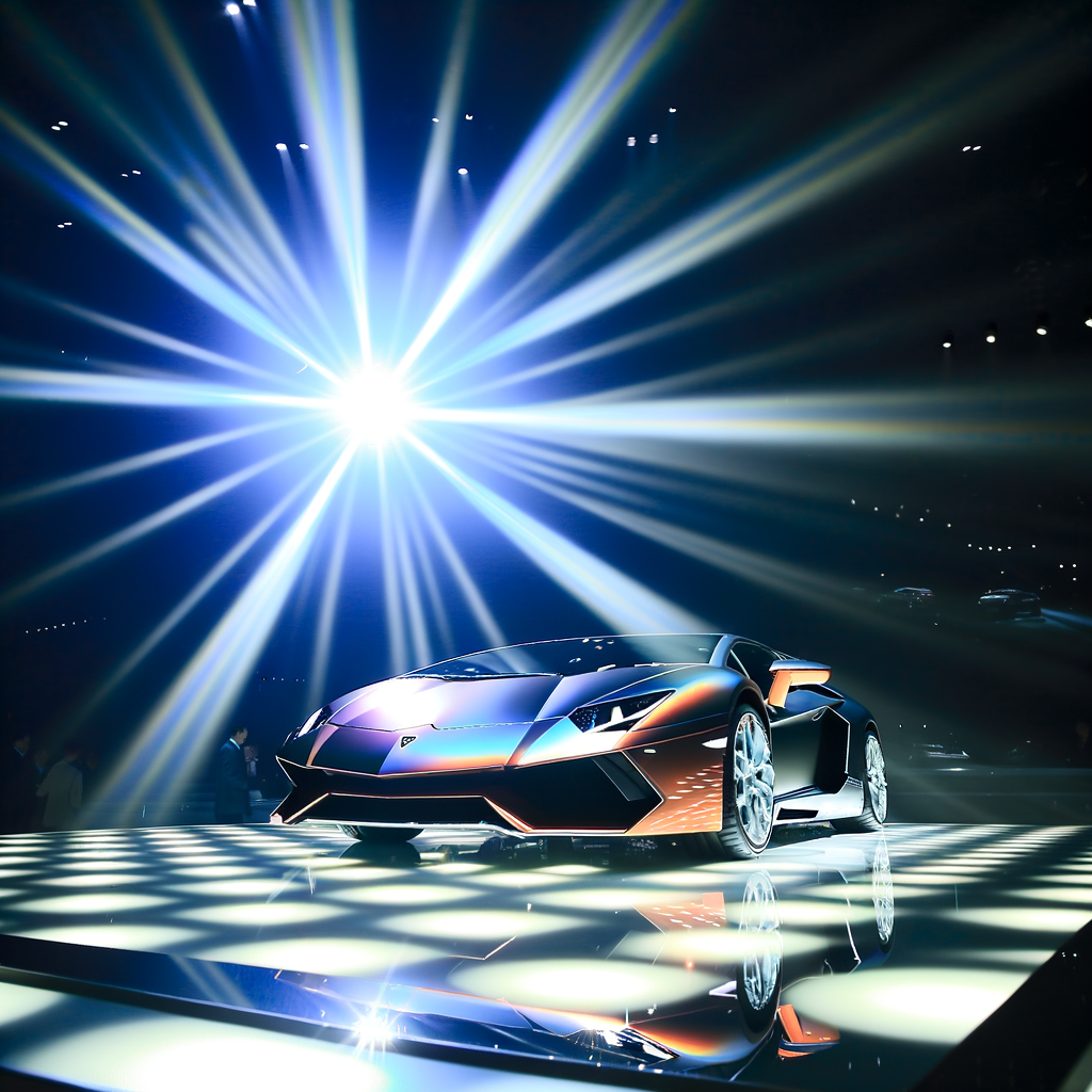 Lamborghini showcase gleaming under spotlight's glow.