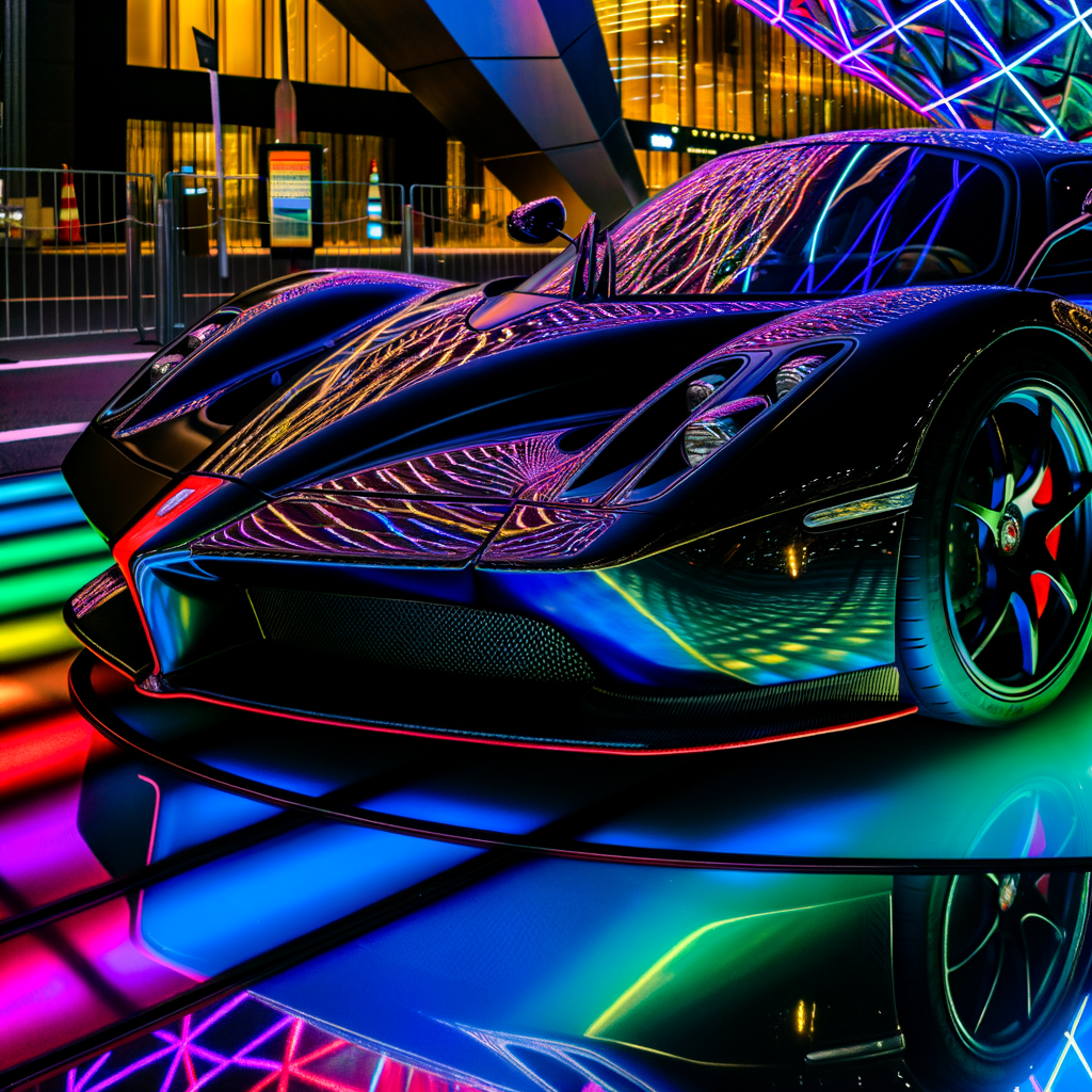 Lamborghini supercar gleaming under neon lights.