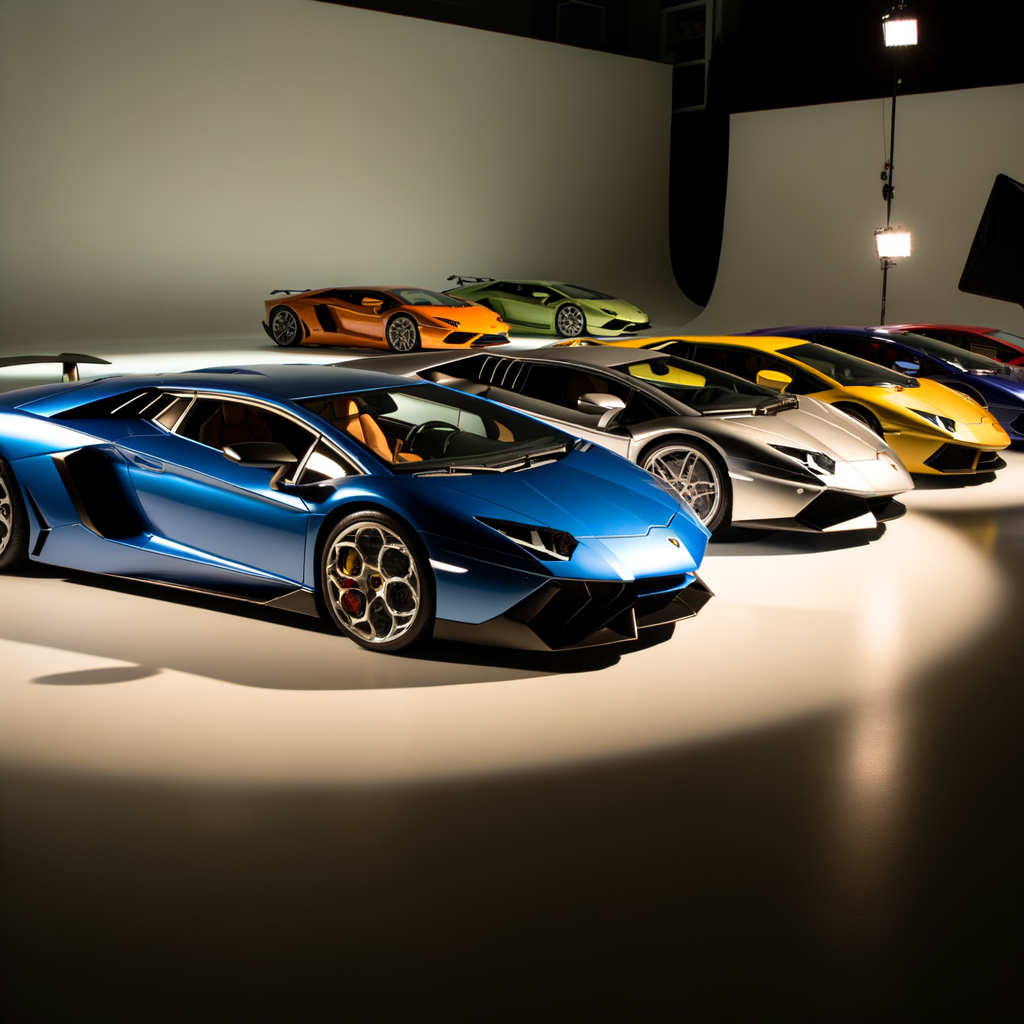 Lamborghini supercars glistening under studio lights.