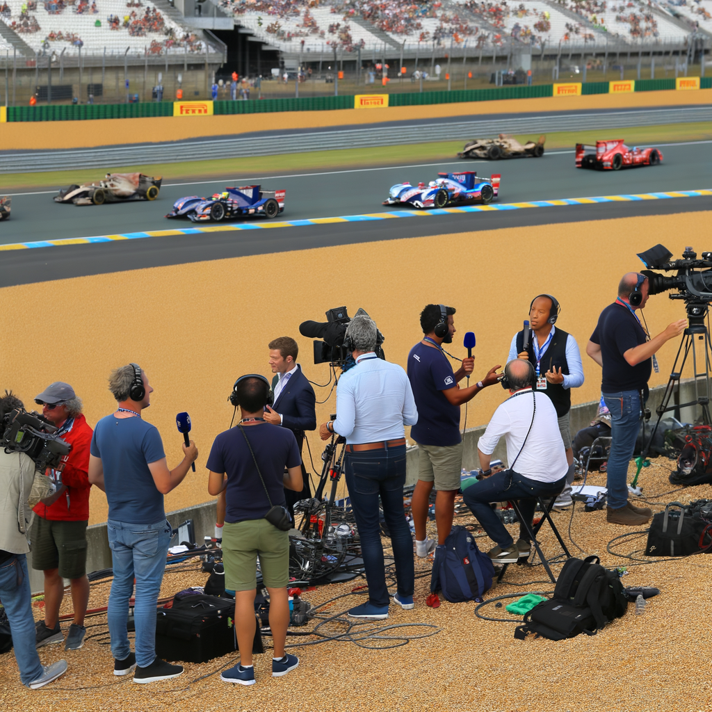 Le Mans racetrack bustling with media activity.