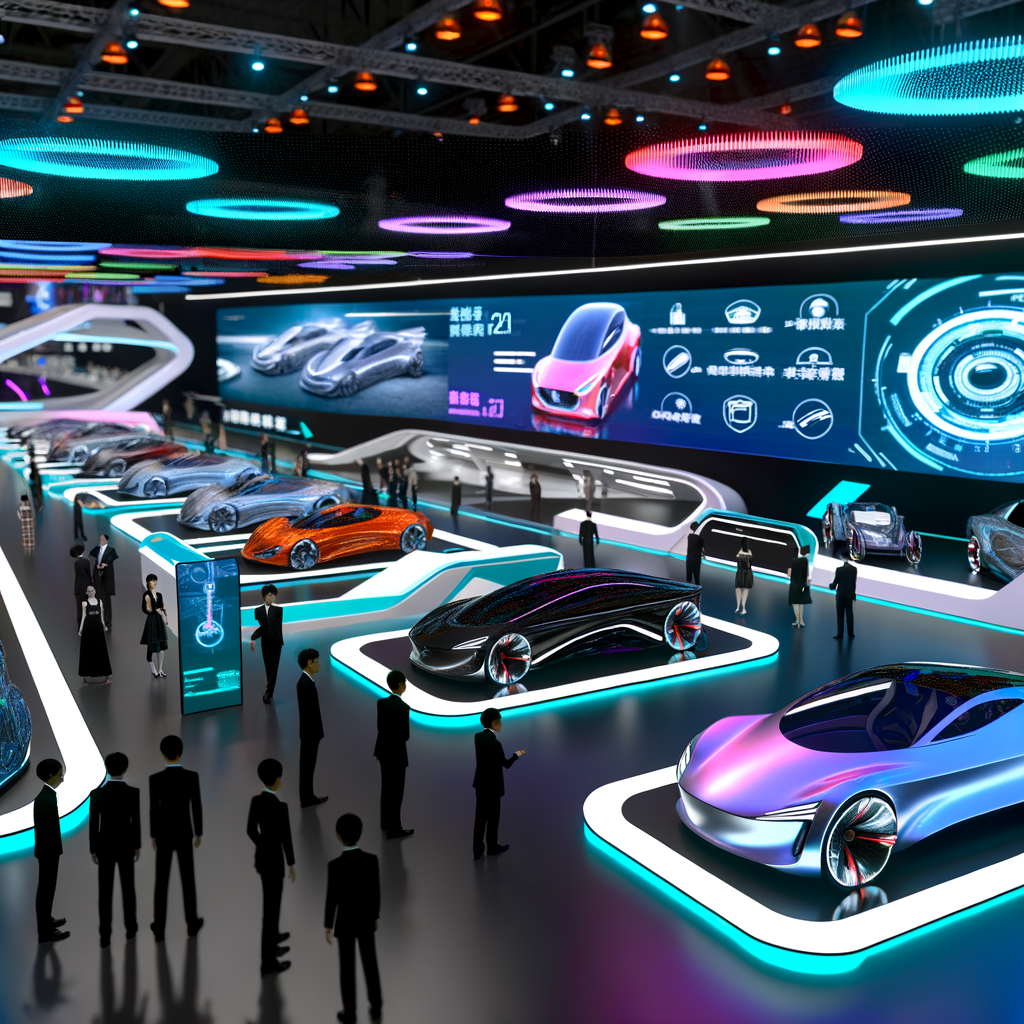 Luxury cars showcased at futuristic auto expo.