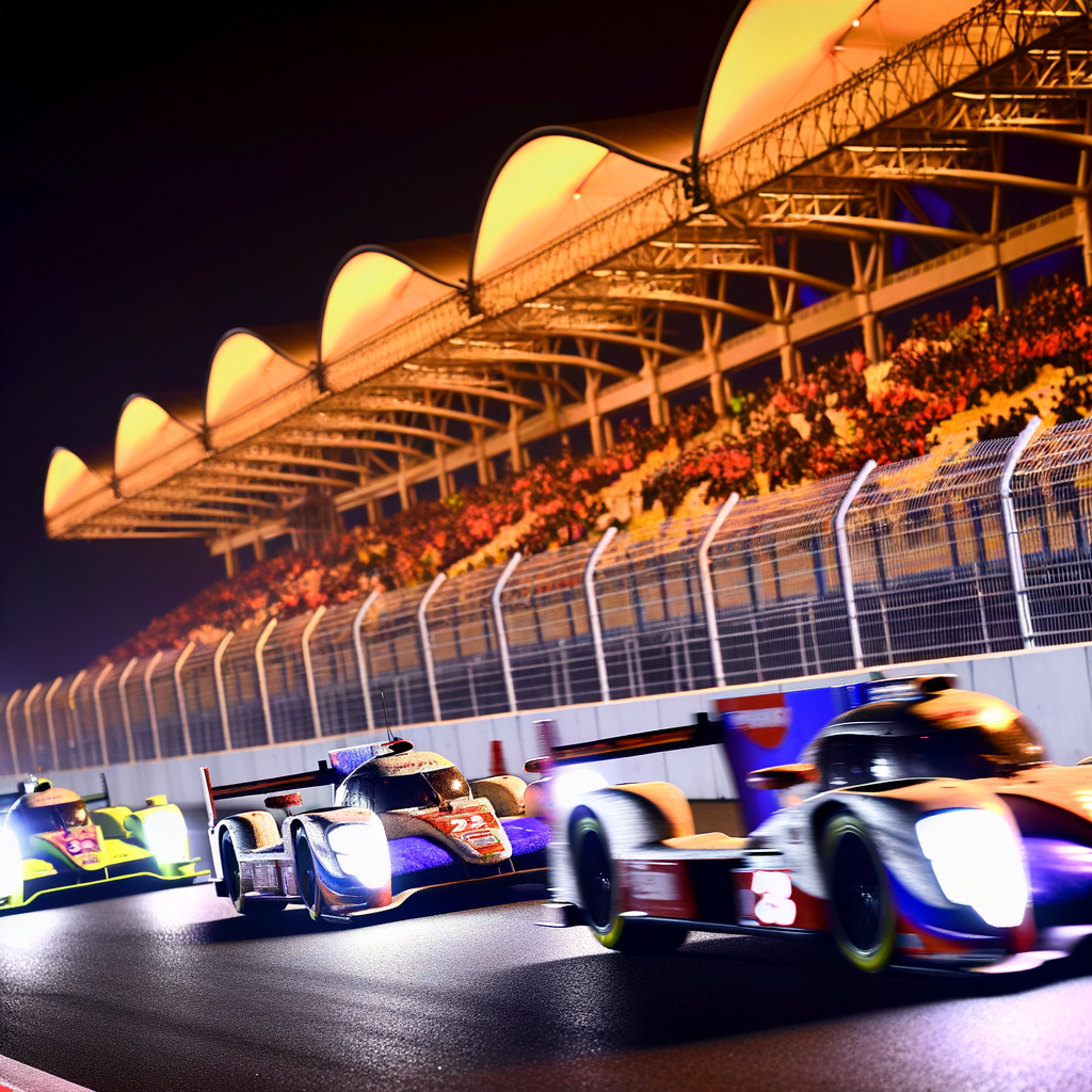 Race cars speed past illuminated grandstands.