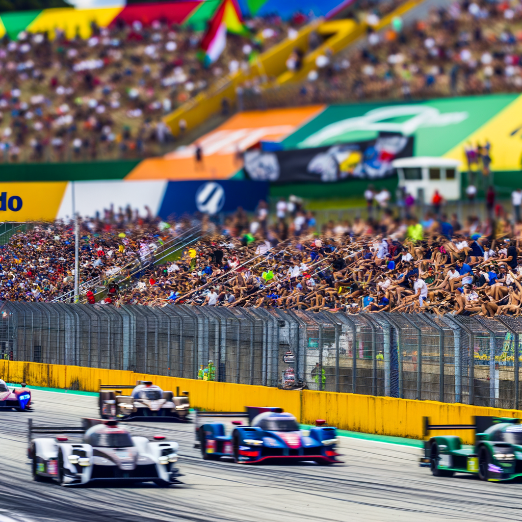 Race cars speeding past vibrant crowds.