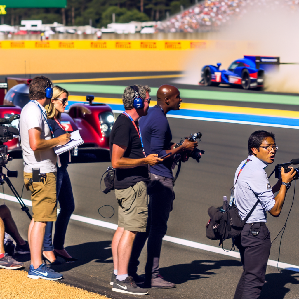 Reporters capturing thrilling Le Mans race moments.