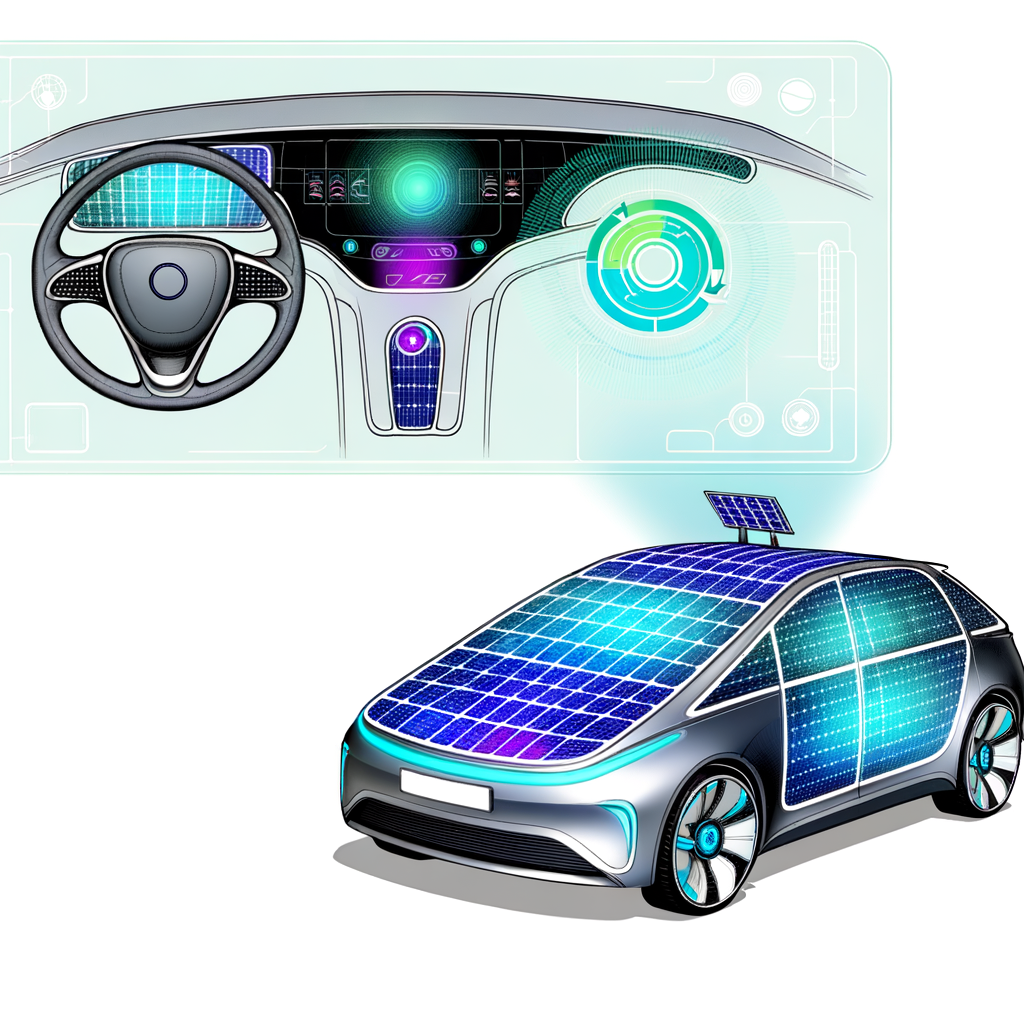 Self-driving car, futuristic interface, green technology.