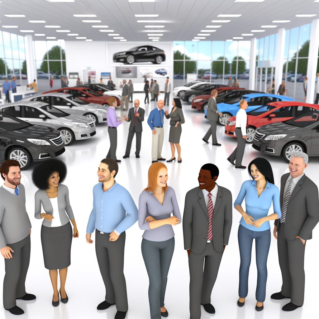 Shoppers smiling, exploring vast car showroom.