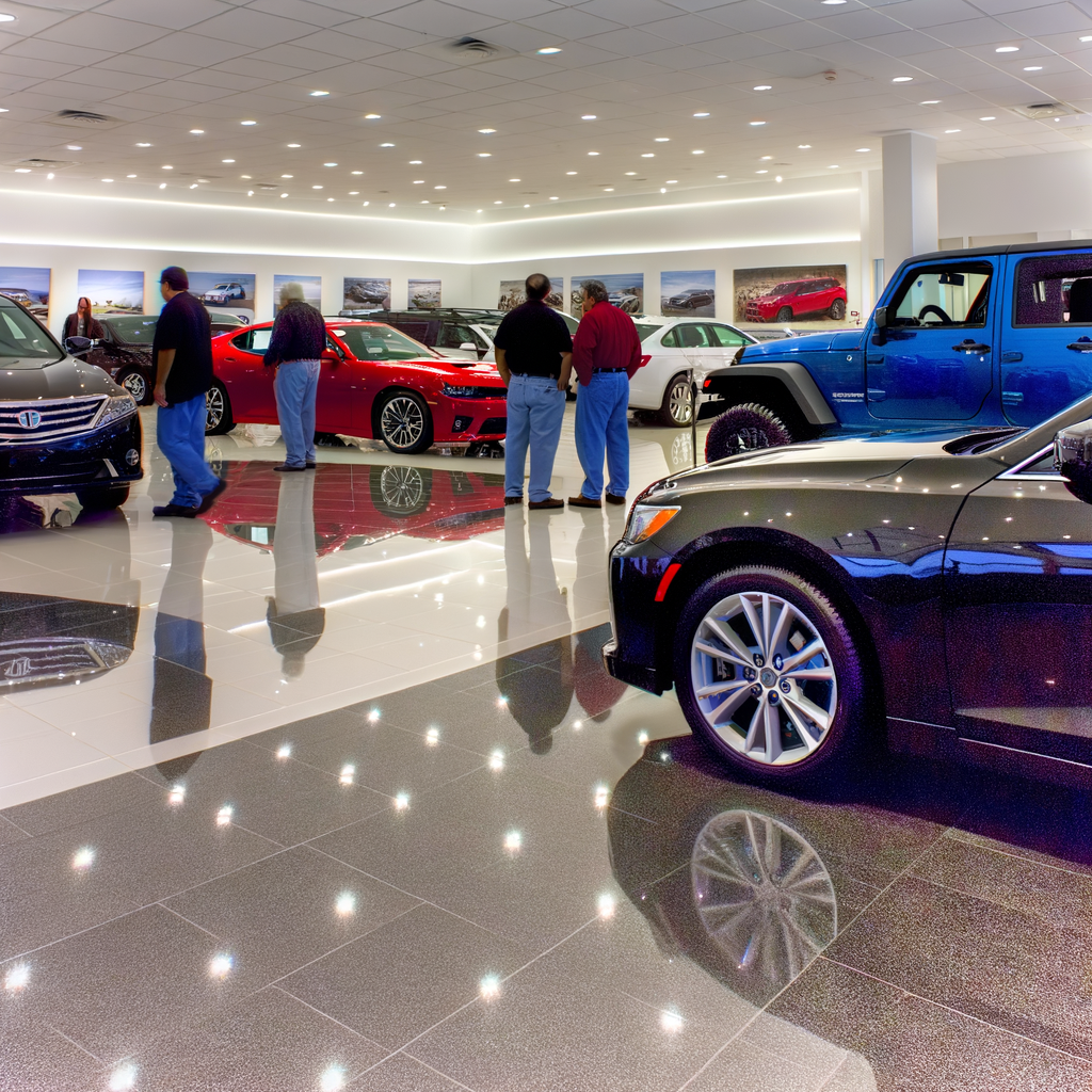 Showroom floor with diverse vehicles displayed.