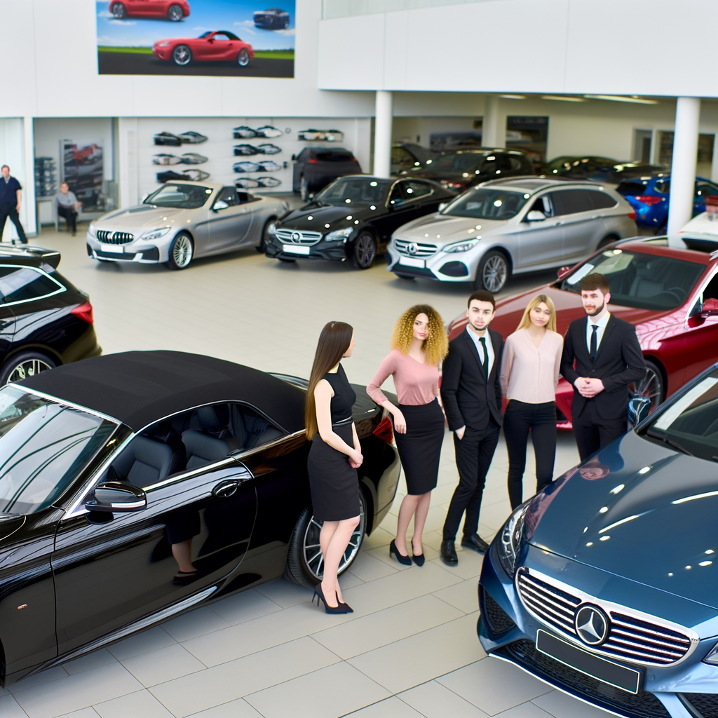 Showroom gleam, diverse cars, smiling staff.