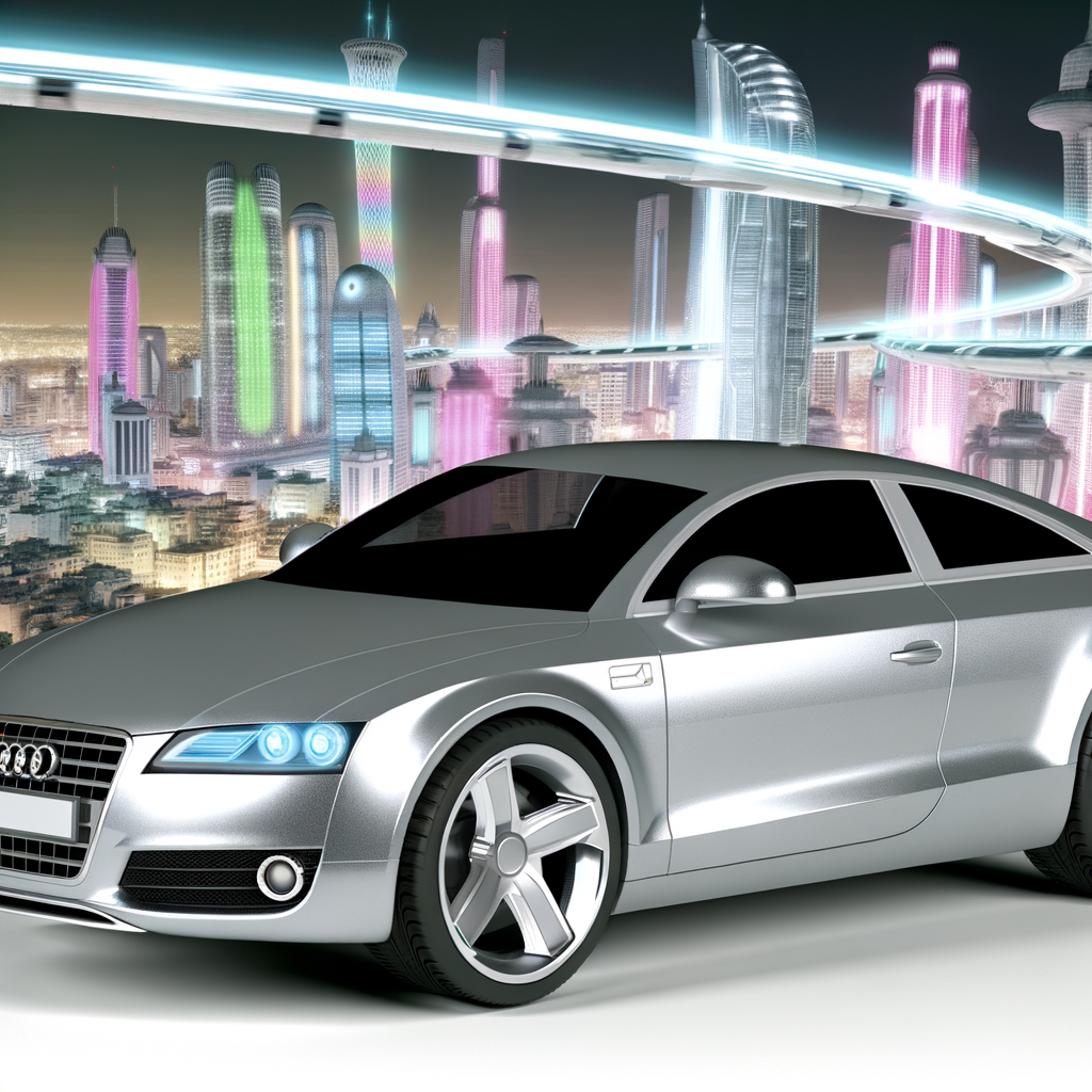 Sleek Audi car with futuristic cityscape.