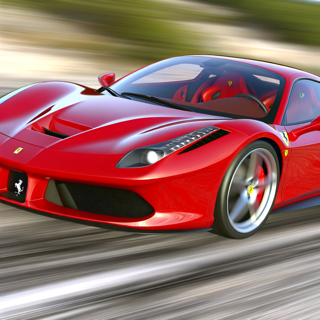 Sleek Ferrari supercar, red, in motion.
