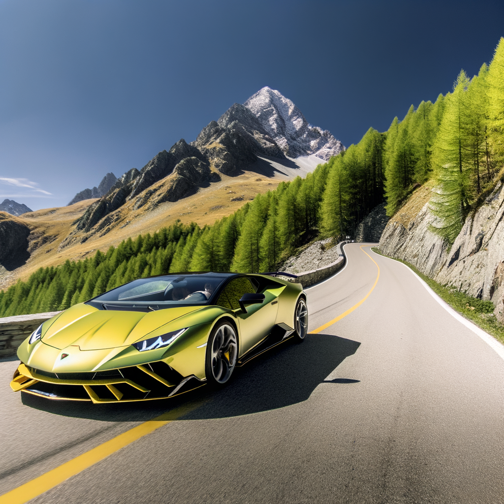 Sleek Lamborghini hybrid on scenic mountain road.