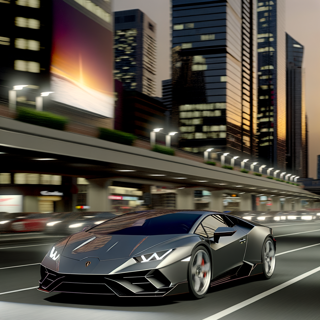 Sleek Lamborghini supercar gliding through city.