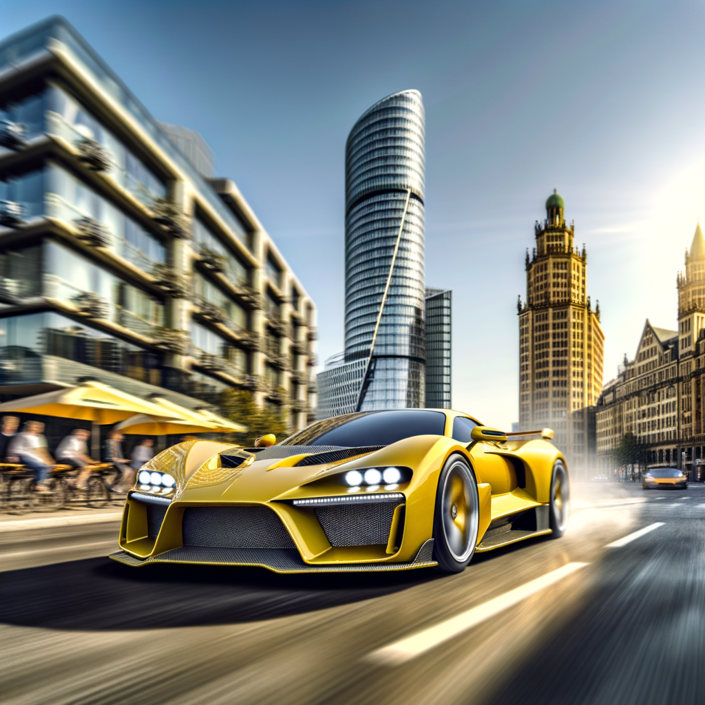 Sleek Lamborghini supercar speeding through cityscape.