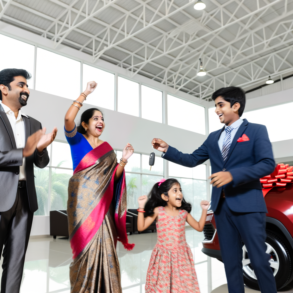 Smiling family receiving keys at dealership.