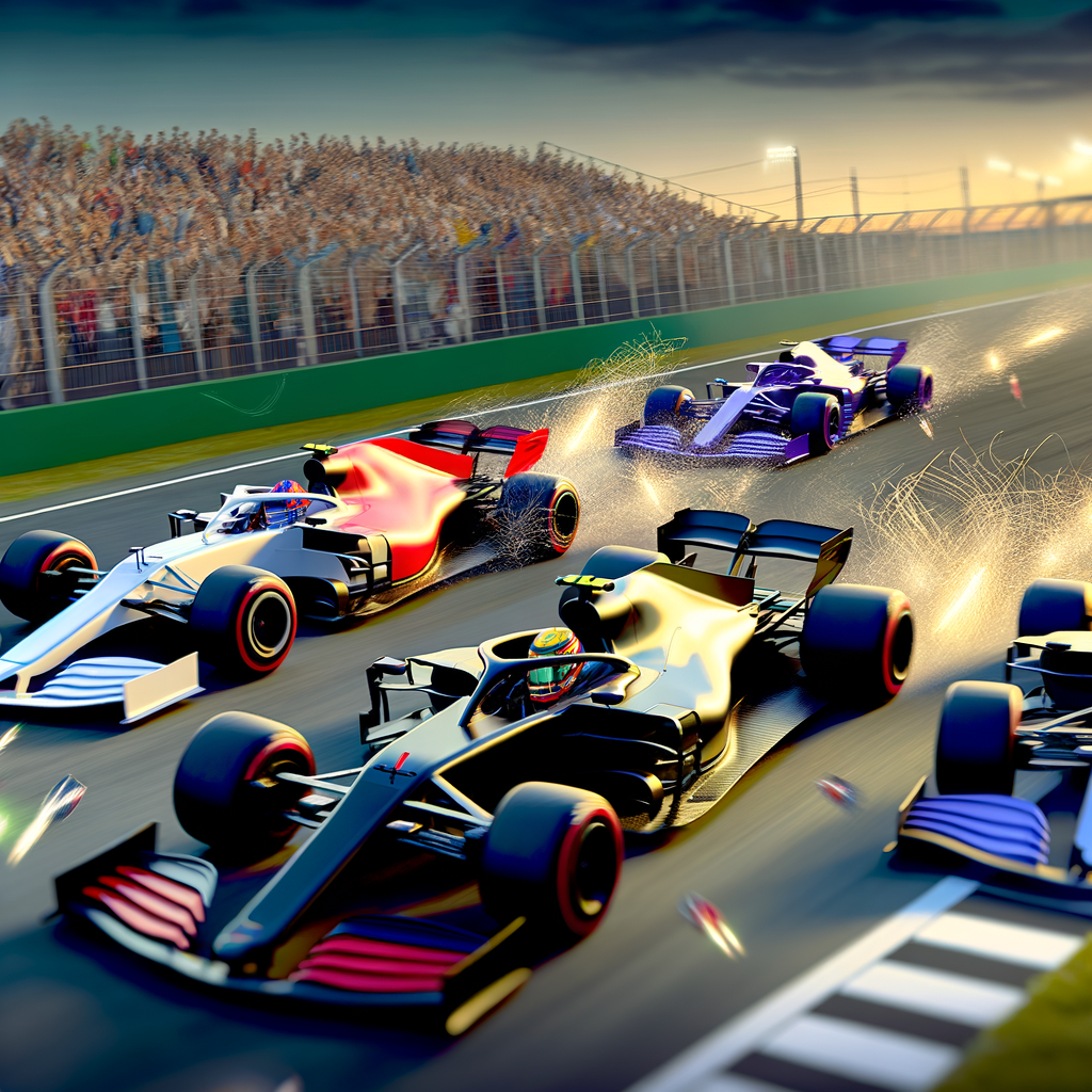 Speeding F1 cars race towards glory.