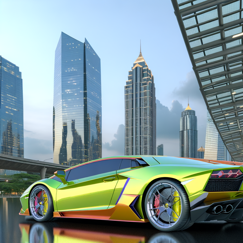 A sleek Lamborghini amidst urban skyline.