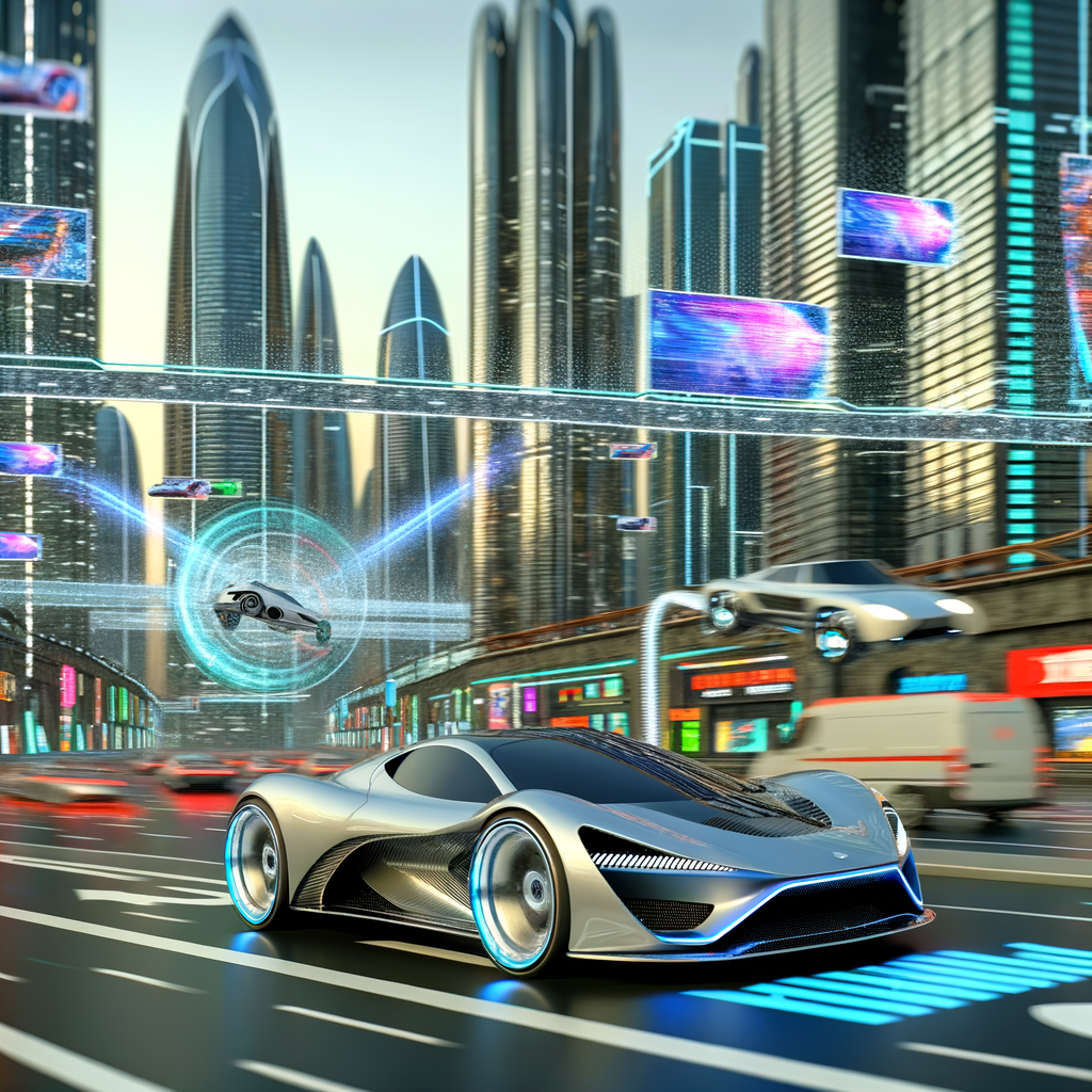 A sleek Lamborghini cruising through futuristic cityscape.